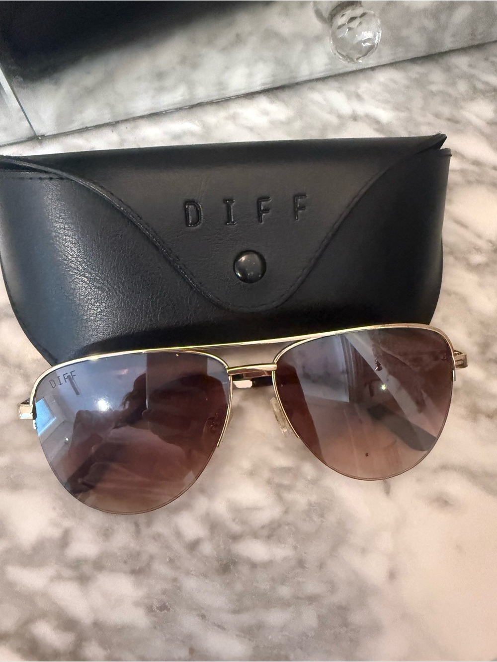 Diff Eyewear Gold Frame Brown Lens Aviator Sunglasses with Case